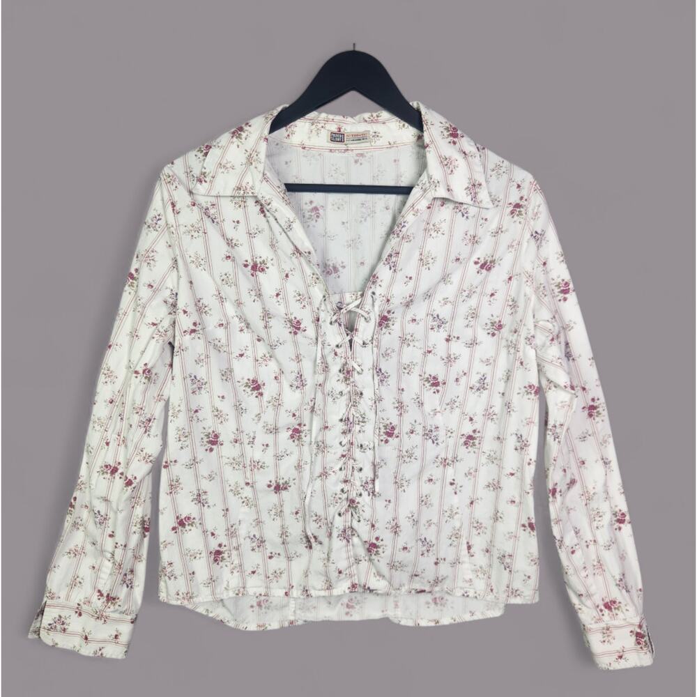 VTG Faded Glory Womens Floral Lace Up Shirt Sz M Prairie Cottagecore Boho White
